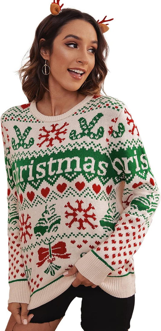 Women'S Funny Ugly Christmas Knitted Sweaters Crewneck Cute Reindeer Sweater Pullover for Holiday Party