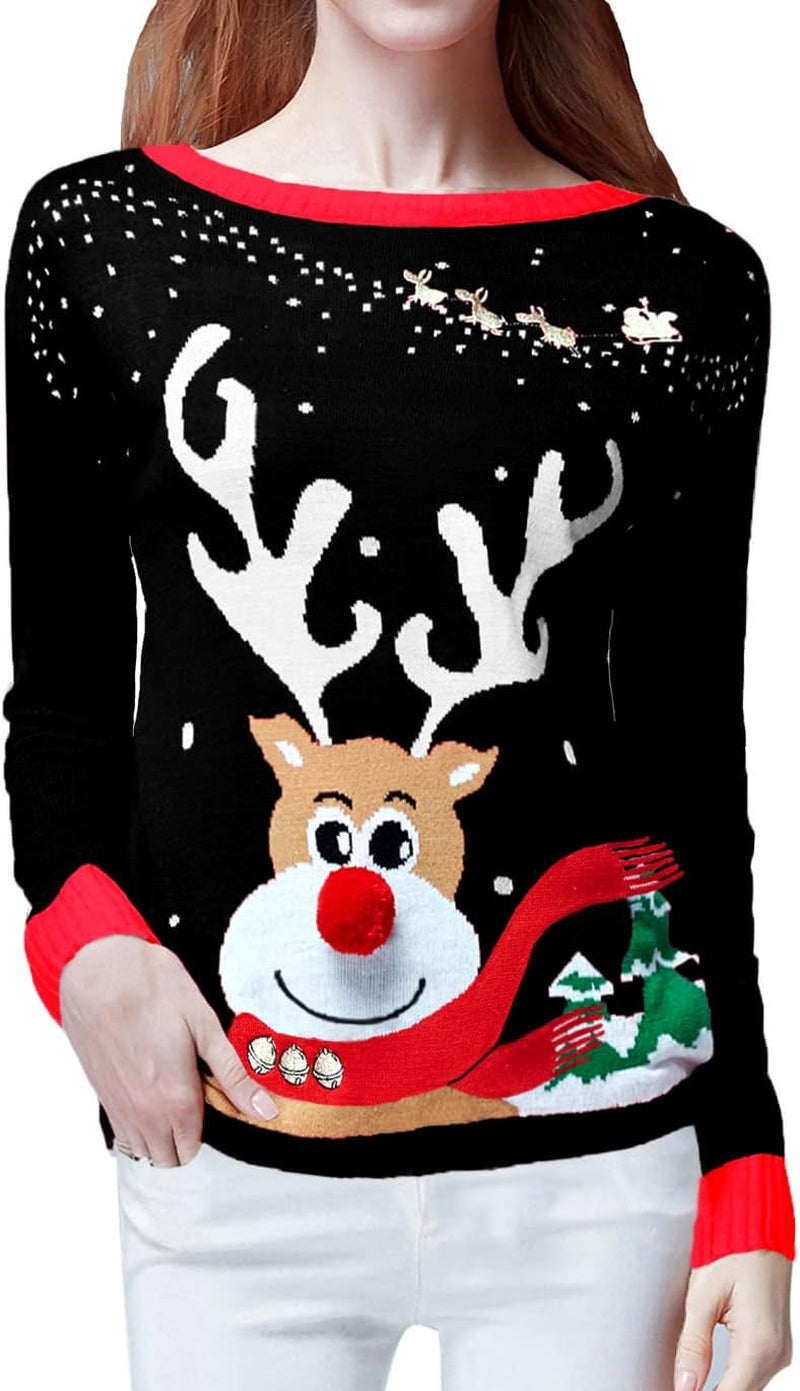 Ugly Christmas Sweater for Women Reindeer Funny Merry Xmas Knit Sweaters