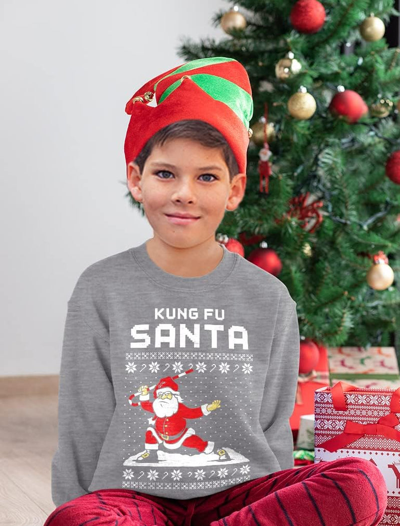 Kung Fu Santa Kids Ugly Christmas Sweatshirt Funny Long Sleeve Tshirtsmall Gray