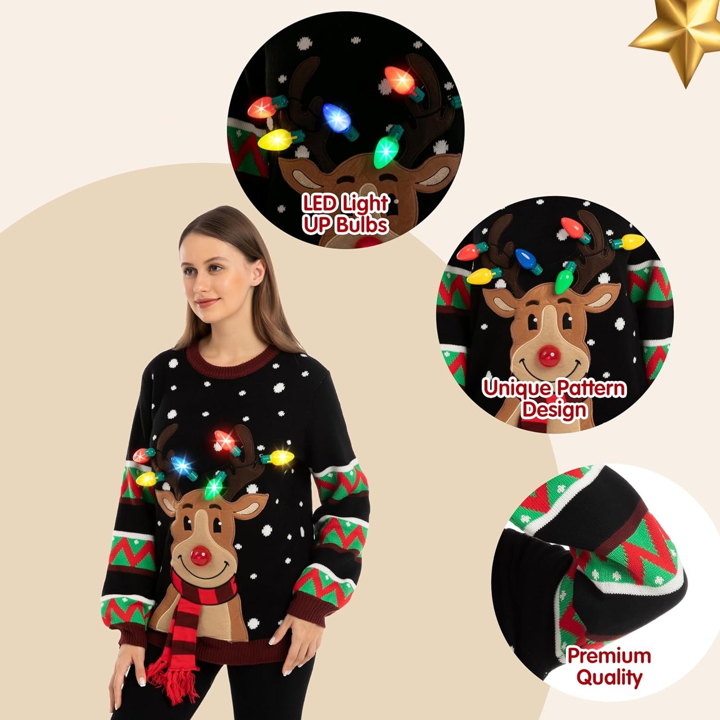 Light up Ugly Christmas Sweater Women, Funny Christmas Ugly Sweater with Light Bulbs, Holiday Pullover