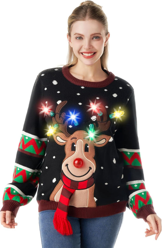 Light up Ugly Christmas Sweater Women, Funny Christmas Ugly Sweater with Light Bulbs, Holiday Pullover