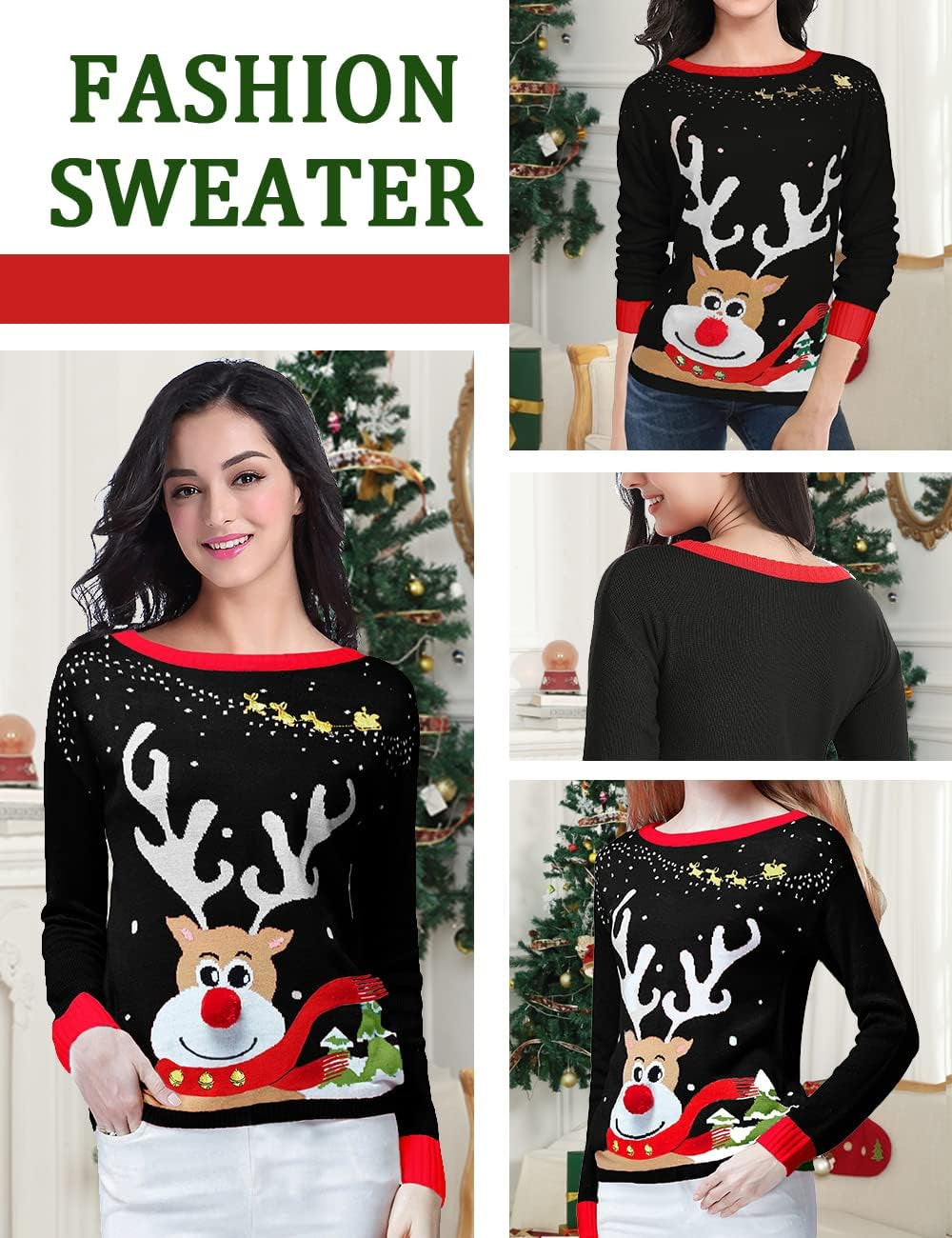 Ugly Christmas Sweater for Women Reindeer Funny Merry Xmas Knit Sweaters