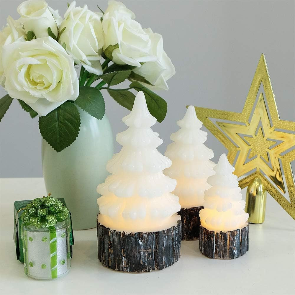 Christmas Tree Flameless Candles Battery Operated with Timer, LED Flickering Candles Real Wax Warm Light Christmas Home Decoration Set of 3, Birch Bark