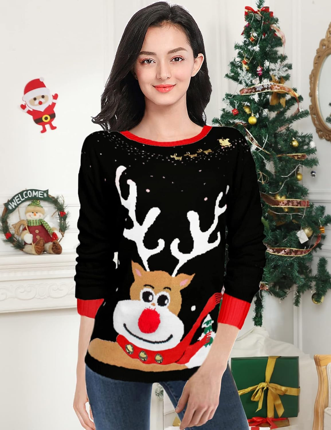 Ugly Christmas Sweater for Women Reindeer Funny Merry Xmas Knit Sweaters