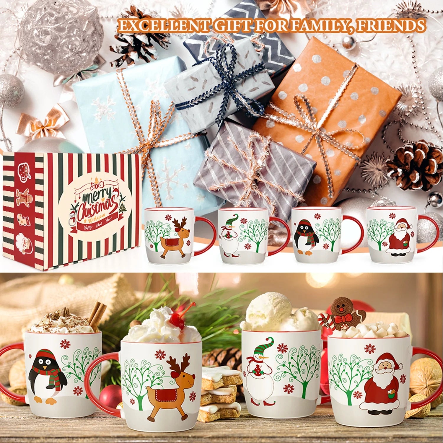 Christmas Gifts Ceramic Mugs, Reindeer Santa Snowman Penguin Mugs Gifts, Christmas Gifts, Birthday Gifts, White 11 Fl Oz Coffee Mugs Ceramic Mug Tea Cup